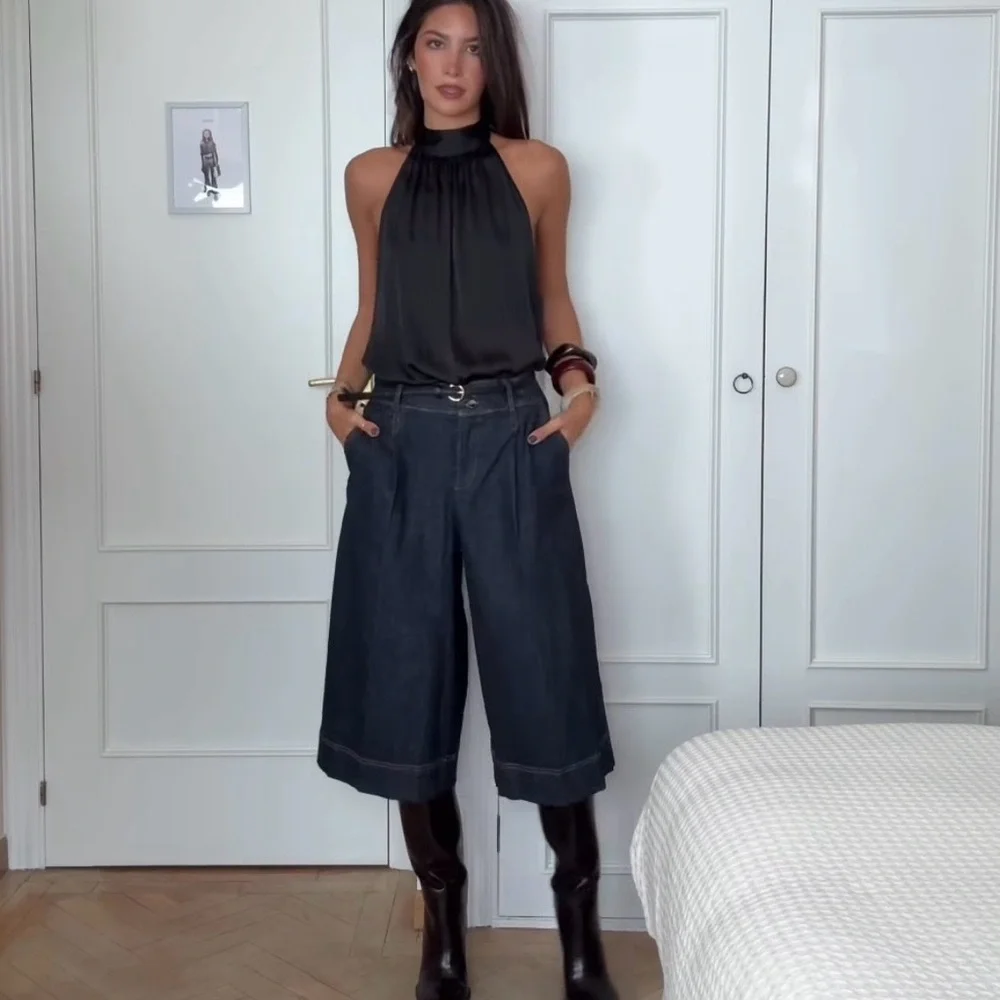 ZARA Dark Indigo Wide-Leg Culotte Pants - Picture 1 of 10
